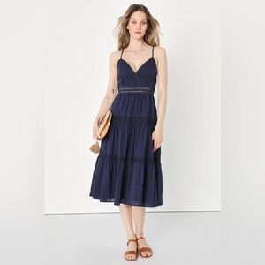 056 NWT Summery Sight Navy Swiss Dot Lace Backless Tiered Midi Dress